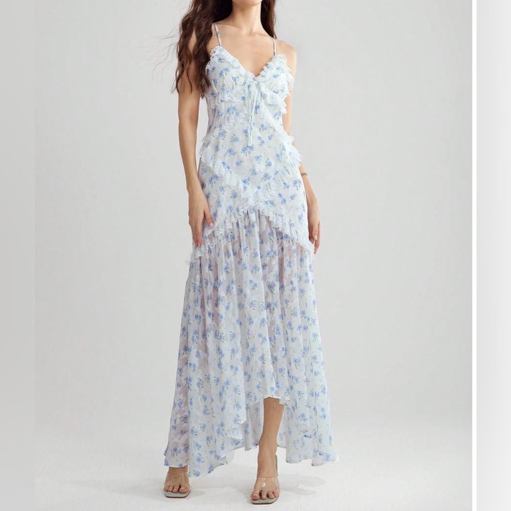 LAST ONE 🔥 Floral Chiffon Ruffle High-Low Maxi Dress Blue - Picture 7 of 11